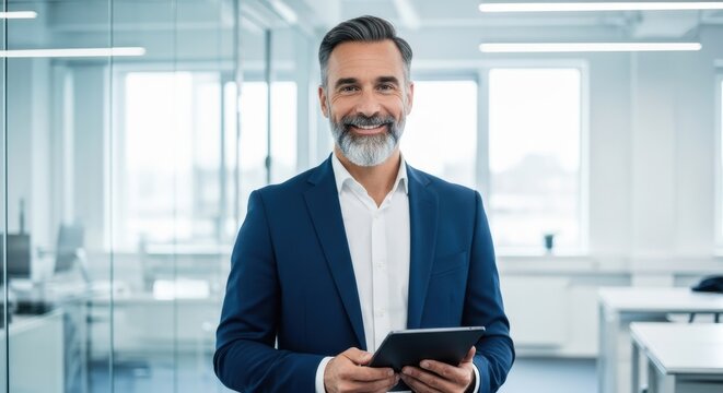 A smiling man in a suit holding a tablet in an office with glass walls and bright natural light