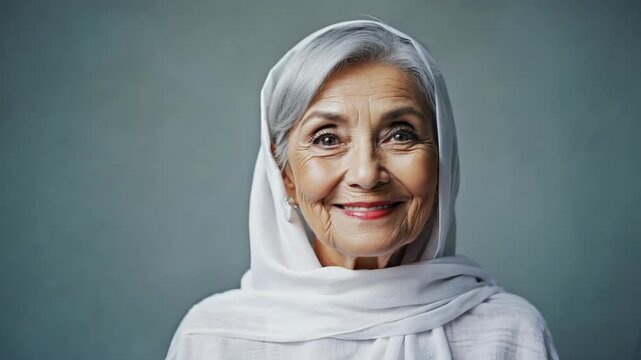 Wise elderly woman wearing a white hijab and laughing. She represents faith, tradition, and modesty.
