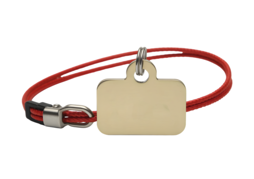 A red cord bracelet with a blank rectangular metallic tag and silver clasp.