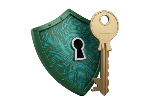 Golden key and green shield with circuit pattern isolated PNG, security concept for data protection and cybersecurity - Powered by Adobe