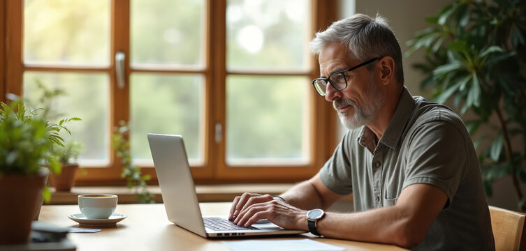 Elderly man with grey hair works on laptop at home office desk. Focused on screen, coffee cup and papers nearby. Natural light from window illuminates him. He is typing on keyboard.