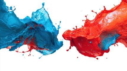 Bold splashes of blue and red paint collide against a white background, showcasing energy and creativity in an artistic setting. This scene captures the vibrancy of color and movement.