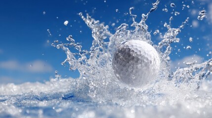 A golf ball creates a big splash as it hits the water surface during a game. The clear blue sky enhances the scene on this sunny day, adding brightness to the moment.