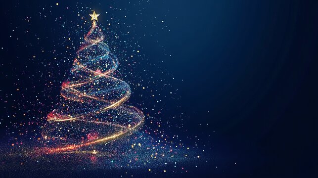 Sparkling abstract Christmas tree crafted from glowing particles and light trails against a deep blue, starry night background, evoking holiday magic and wonder.