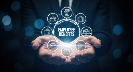 Fototapeta premium Hands presenting employee benefits in a glowing circle with various icons around the center text