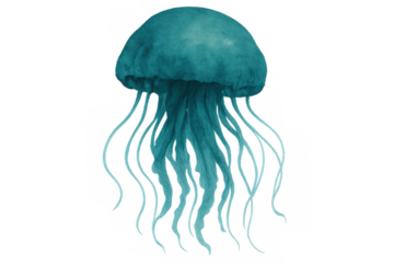 Blue jellyfish watercolor illustration swimming, marine animal life concept, transparent background, ethereal sea creature