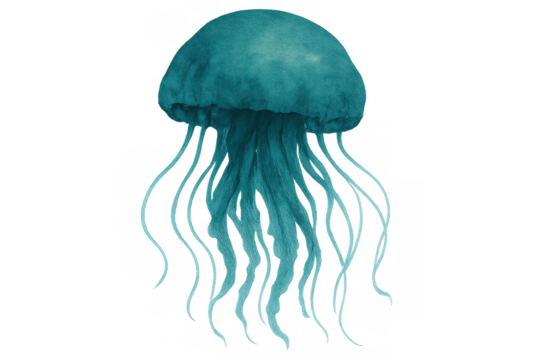 Blue jellyfish watercolor illustration swimming, marine animal life concept, transparent background, ethereal sea creature - Powered by Adobe