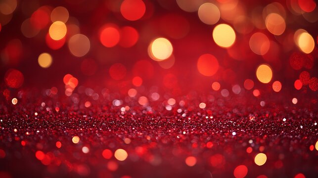 Sparkling ruby red bokeh and glitter creates a magical, festive holiday or celebration background with warm golden lights