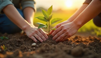 Fototapeta premium Hands of two people plant sapling in fertile soil at sunset. Community members work together outdoor on green nature project. Caring for new life.