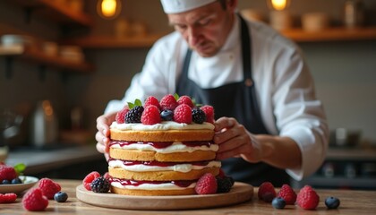 Baker decorates layered cake with fresh berries in kitchen. Chef carefully places raspberries, blackberries, blueberries on creamy sweet dessert. Handmade pastry with jam, fruit, cream. Professional