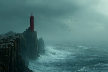 Red lighthouse on rocky cliff during stormy weather with ocean waves and mist creating dramatic seascape atmosphere