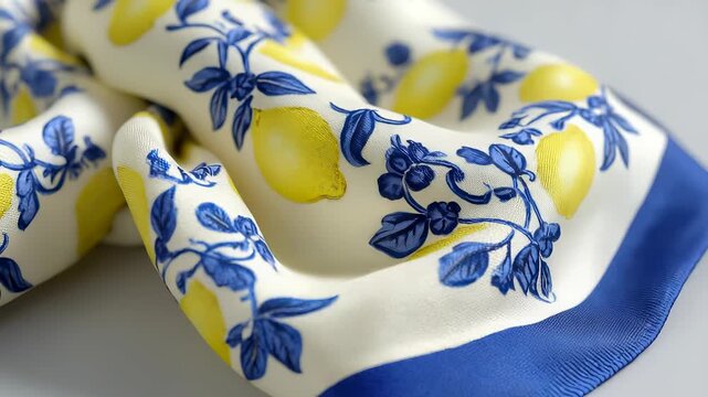 Elegant Silk Scarf with Lemon and Floral Pattern, Ivory Background and Blue Border, Fashion Accessory, High Quality Fabric