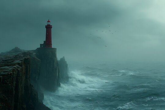 Red lighthouse on rocky cliff during stormy weather with ocean waves and mist creating dramatic seascape atmosphere