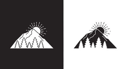 Minimalist Mountain Landscape Vector Logo with Sun and Pine Forest