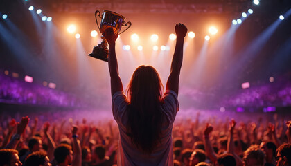 Woman holds trophy high on stage with audience cheering. Lights shine on winner at celebratory event. Shows achievement and victory in competition.