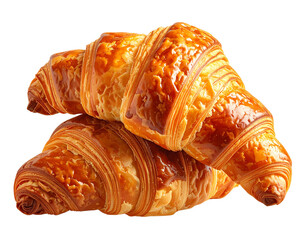 Whole, golden-brown croissant with flaky layers, breakfast pastry, transparent background.