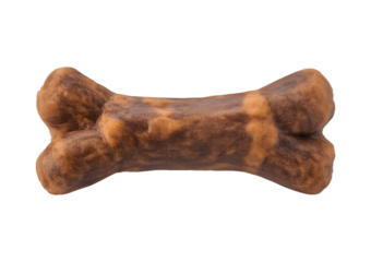 A single brown and tan marbled dog bone treat, isolated on a clean white background.
