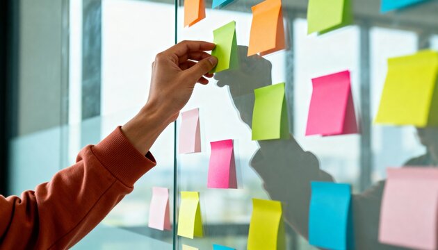 A hand places a colorful sticky note on a glass wall during a brainstorming session. Project planning and strategy in a modern office. Collaboration concept