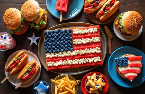 Table spread with American flag cake, burgers, hot dogs, fries, watermelon, and drinks. Festive patriotic meal for Fourth of July celebration outdoors or indoors.