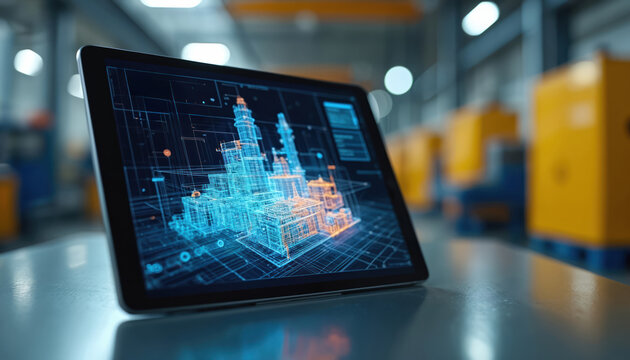 Digital tablet displays intricate industrial plant blueprint design in factory. Engineering schematics shown on device. Factory environment in background. Automation concept. Technological