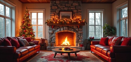 Warm xmas living room with glowing fireplace, decorated evergreen tree, red sofas and gifts near window. Cozy home interior for family holiday celebration during winter.