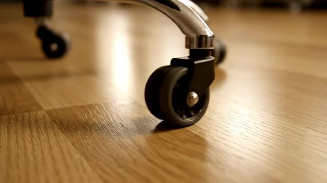 Office chair wheels on a laminate floor, close up view