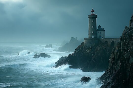 Historic lighthouse on rocky cliff above stormy sea with crashing waves under dramatic cloudy sky at dusk - Powered by Adobe