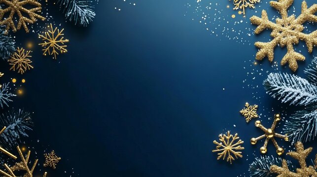 Sparkling golden snowflakes and frosted pine branches create a luxurious winter holiday background perfect for festive celebrations and elegant New Year designs