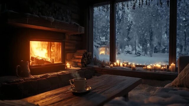 Warm and cozy cabin retreat with a fireplace and serene snowy landscape at dusk