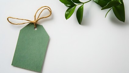 Green gift tag with brown string isolated on white background.