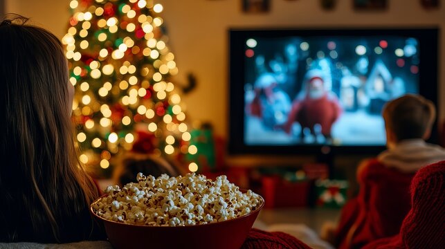 Cozy family night watching Christmas movies with popcorn by a twinkling tree, creating cherished holiday memories together