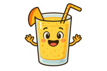 Happy orange juice character welcoming refreshment with a straw and fruit slice, clean transparent background