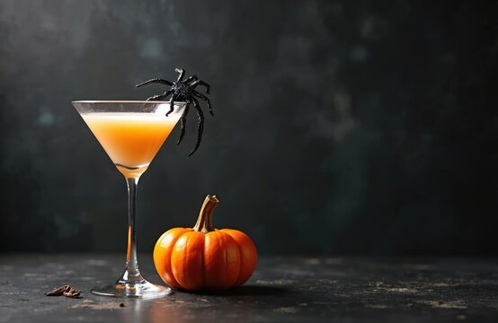 Halloween cocktail in martini glass with toy spider decoration and small pumpkin on dark background. Orange drink is ready for party celebration. Minimalist table setting.