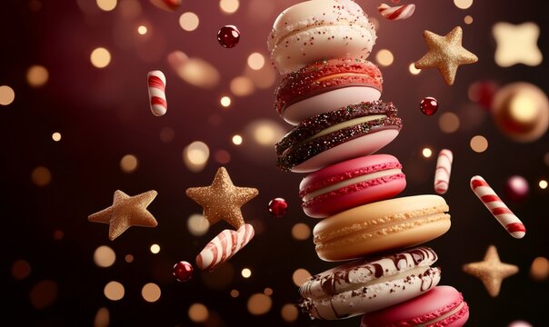 Festive macarons stacking with falling candy canes, golden stars and bokeh lights