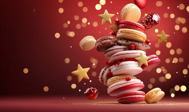 Festive macarons, golden stars, and berries creating a cheerful holiday and new year dessert display - Powered by Adobe