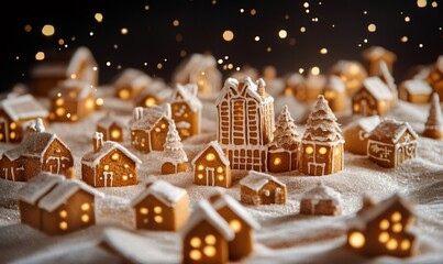 Naklejka premium Gingerbread houses with icing and glowing windows creating a festive holiday scene