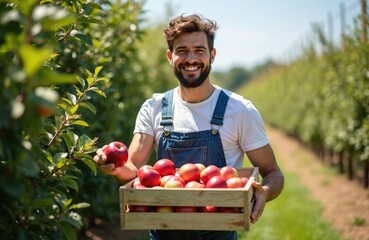 Smiling man with beard wears blue overalls picking ripe red apples in wooden crate in orchard. Gardener works outdoors on sunny day. Healthy fruit harvest.