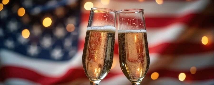 Two champagne glasses clink with sparkling wine. Bubbles, foam visible in flutes. Blurred American flag, golden bokeh lights create festive atmosphere. Image captures patriotic celebration, joyous