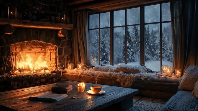 Cozy winter evening in a mountain cabin with warm fire, snowfall outside, and peaceful ambiance