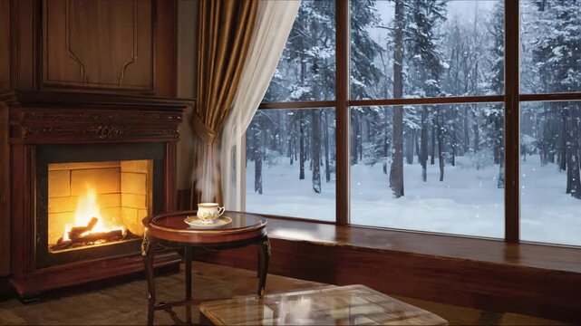 Warm drink by the fire while snow falls outside a cozy cabin in winter