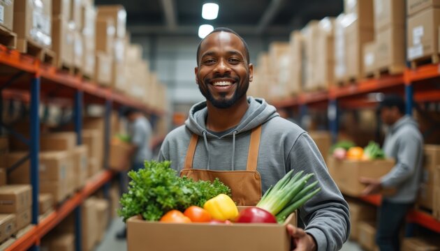 Smiling volunteer carries fresh produce box in warehouse. People help pack food kits for charity. Community supports needy families during holiday season.