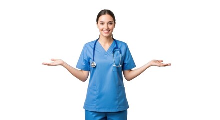 A smiling nurse in blue scrubs with a stethoscope presenting with open hands on a white background