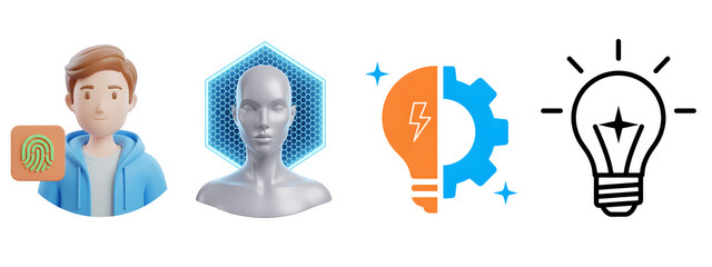Digital identity, biometric security, and creative innovation process icon set. isolated on transparent background