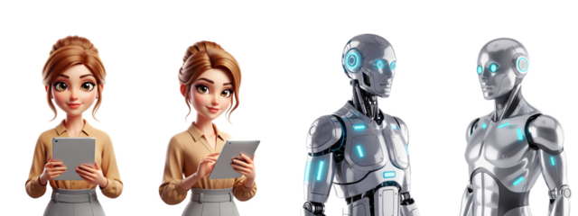 Human and ai interaction: digital technology and future concepts isolated on transparent background