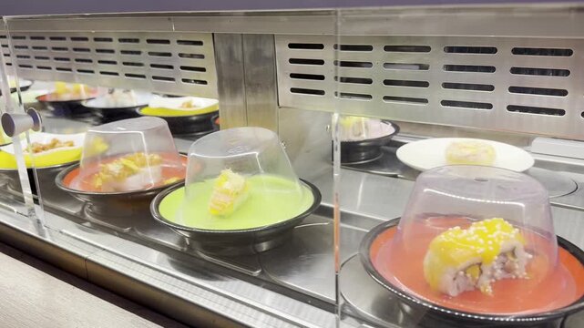 Japanese sushi conveyor belt with assorted appetizers and seafood dishes. Plates of vibrant colors move along the kaiten sushi bar under protective plastic covers.