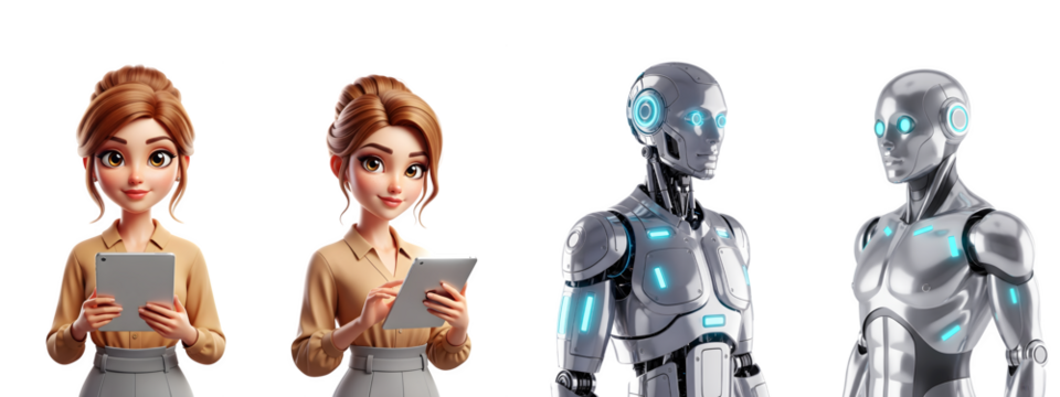 Human and ai interaction: digital technology and future concepts isolated on transparent background