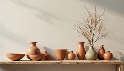 Collection of handcrafted terracotta vases bowls, jars arranged on rustic wooden shelf. Dried plant branches add natural elegance to simple minimalist home decor. Earthy tones create serene calm