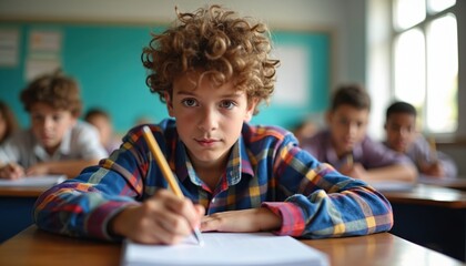 Young boy with curly hair writes in a classroom with other students. He wears a plaid shirt and focuses on his paper with a pencil. Learning and education in school.