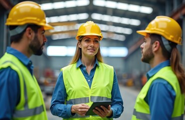 Woman supervisor with tablet talks to male workers in steel factory production line. Team in safety vests, helmets discuss project. Men listen attentive to her instructions inside industrial building.