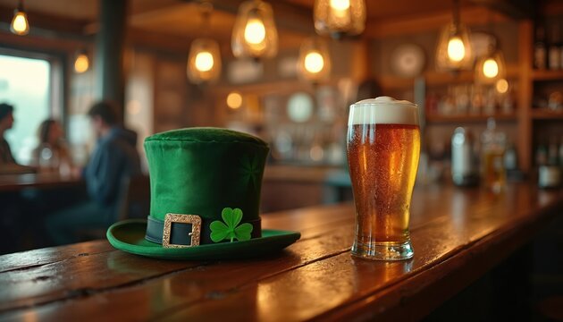 Green St Patricks Day hat with clover sits on pub bar next to pint of beer. Blurred background shows people at tables in cozy Irish pub interior. Festive mood.